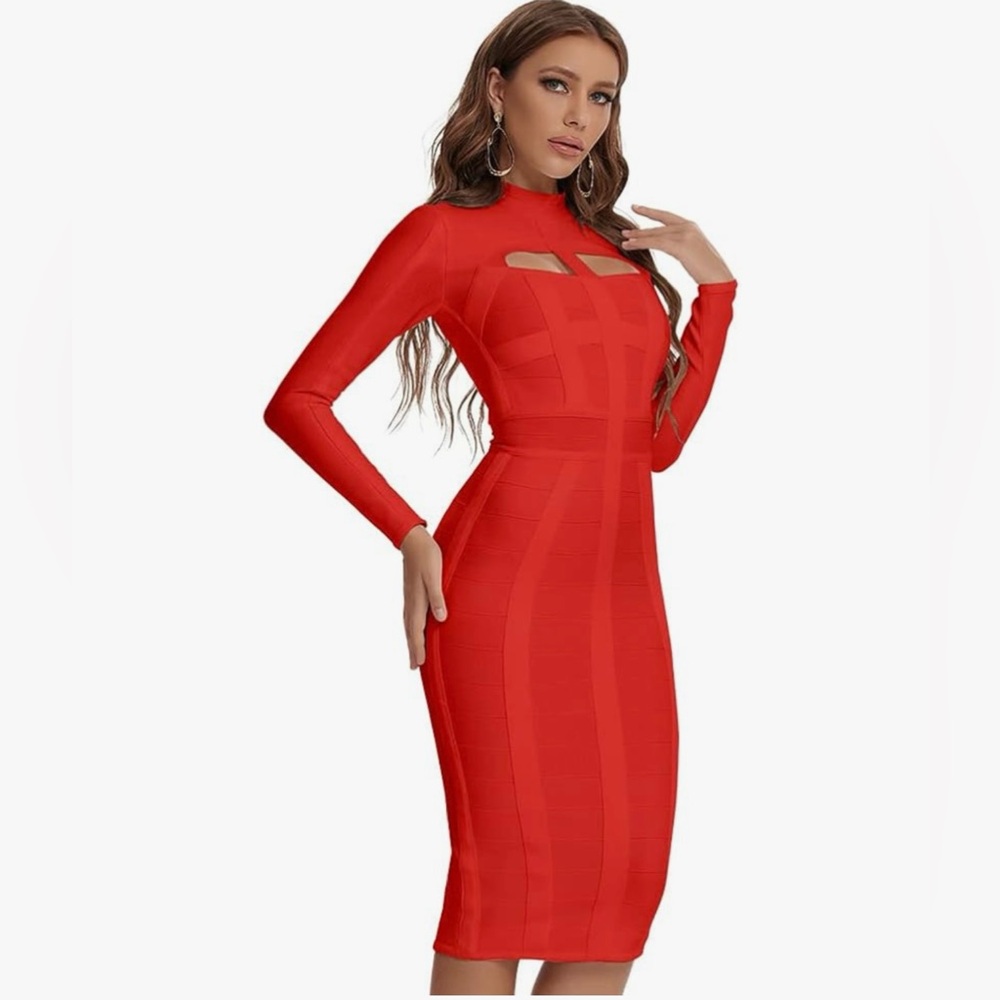 Elegant High Neck Long Sleeve Hollow Out Celebrity Bandage Dress - Large